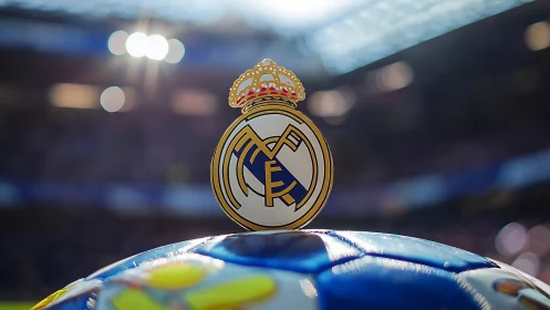 Real Madrid crest over match ball inside stadium.