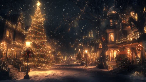Digital painting of Victorian street with illuminated Christmas tree.