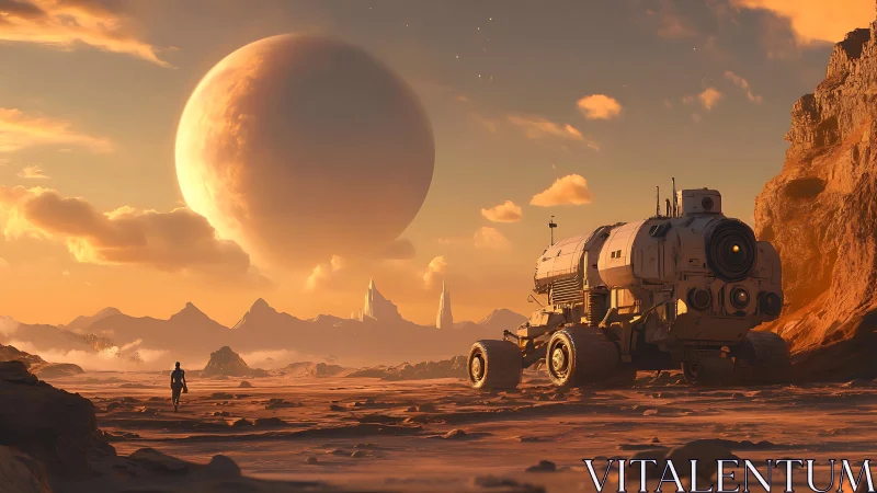 Golden extraterrestrial landscape with rover and giant planet.