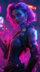 Cyberpunk woman with pistol in neon city at night.
