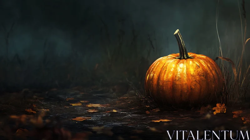 Golden pumpkin resting quietly on a misty forest path.