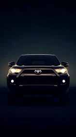 Midnight SUV prowls forward with twin halos of warm light