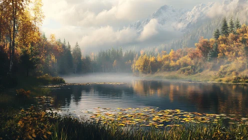 Digital painting of misted alpine lake with autumn forest reflections.