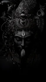 Monochrome ornate deity face rendered in high relief