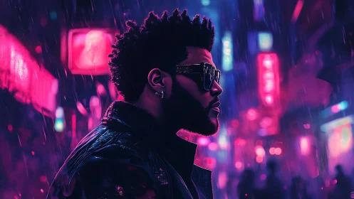 Neon-soaked cybernetic portrait in rain-swept nightscape.