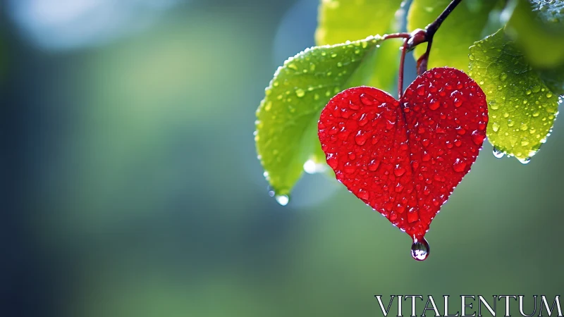 Heart-Shaped Red Berry with Dew Drops on Green Foliage.