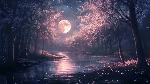 Moonlit cherry river glows under ethereal pink blossoms.