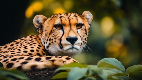 Golden hour cheetah gazes through jungle hush and shadow.