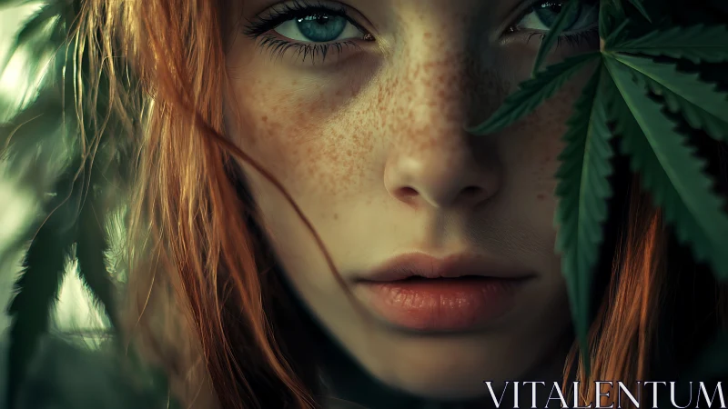Freckled redhead macro portrait framed by serrated green leaves