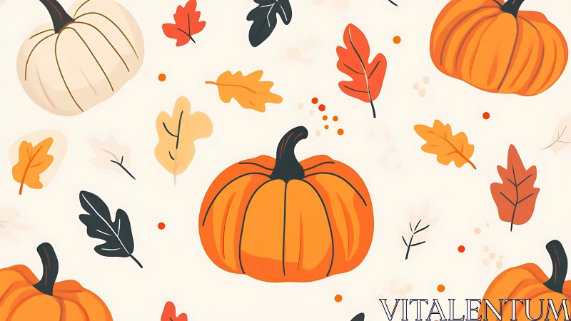 Playful autumn pumpkins with scattered leaves pattern.