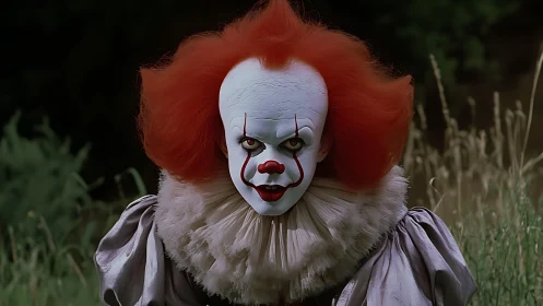 Crimson haired sinister clown stalks through wild grass. Period.