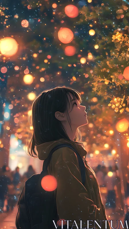 Soft city lights surround a thoughtful girl under glowing night