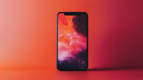 Smartphone with vibrant abstraction wallpaper against gradient background