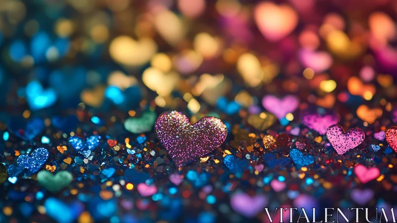 Glitter hearts shimmer across a dreamy bokeh spectrum.