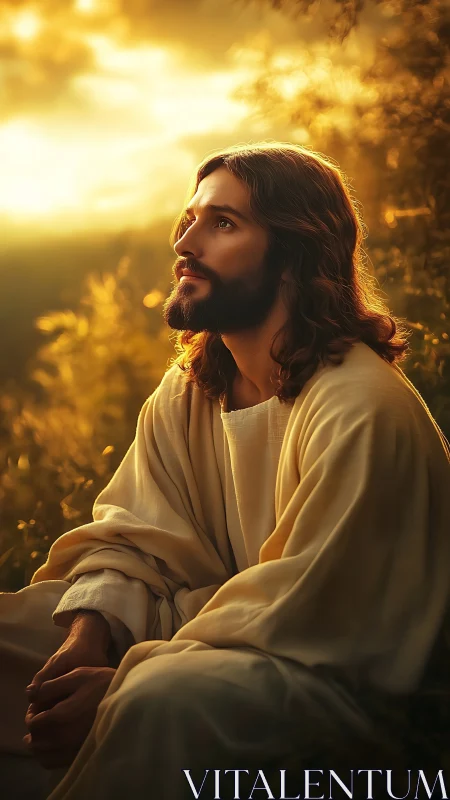 Bearded robed man gazing upward in golden evening light