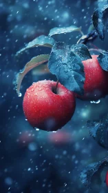 Storm-kissed red apples glowing against deep sapphire rain.