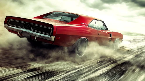 Retro red muscle car drifting on wet asphalt in dynamic motion