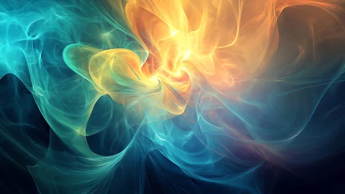 Glowing swirl of teal and gold light in a dreamy cosmic dance.