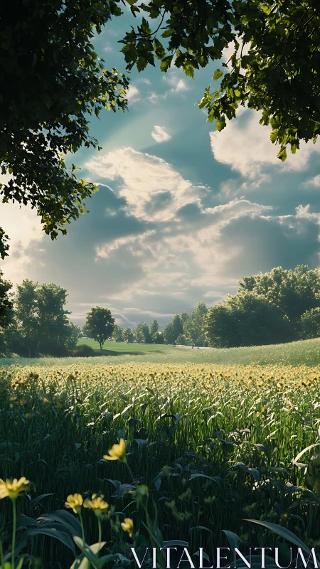 Sunlit meadow with distant trees under partly cloudy sky.