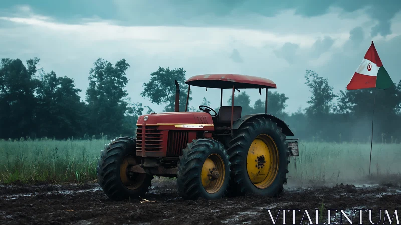 Red farm tractor in wet field with flag under overcast sky.