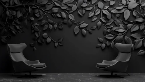 Sculpted black leaves frame two modern lounge chairs elegantly.