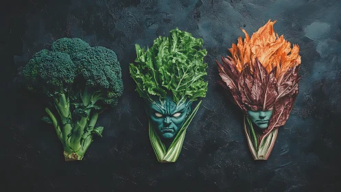 Elemental veggie guardians glare from a dark culinary cosmos.