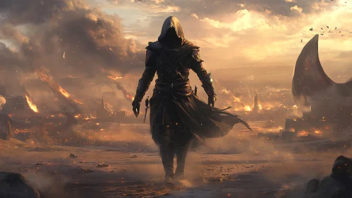 Hooded warcaster traverses incendiary wasteland horizon.