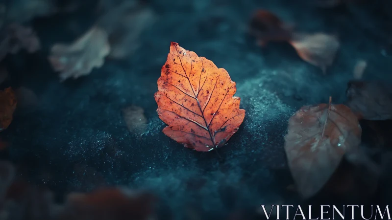 Single orange leaf on dark textured surface in focus.