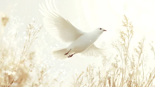 White Dove in Flight Through Golden Dried Grasses