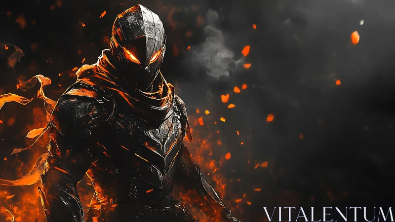 Armored humanoid figure stands amid orange embers and smoke