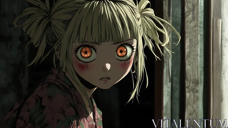 Intense anime girl stares from doorway in dramatic shadow.