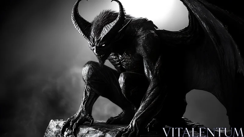 Midnight horned gargoyle crouched in stormlit vigil.