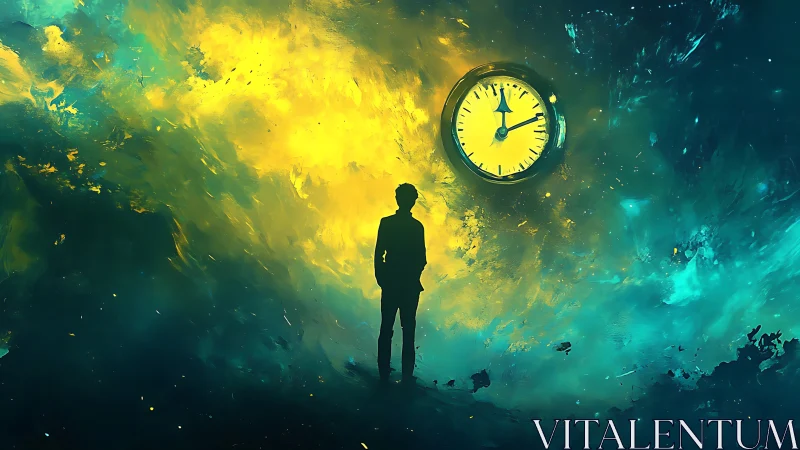 Lone dreamer stands beneath a glowing cosmic clock of time