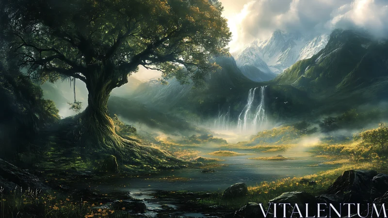 Enchanted valley tree watching over misty falls and peaks.