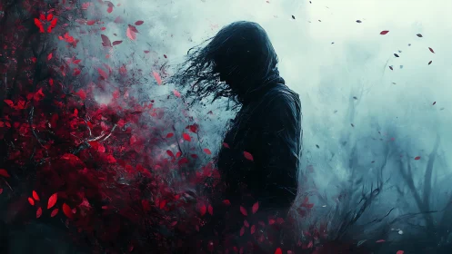 Hooded silhouette drifts through crimson leaves and eerie mist