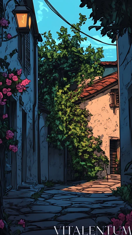 Mediterranean alleyway rendered in warm rim lighting at dusk.