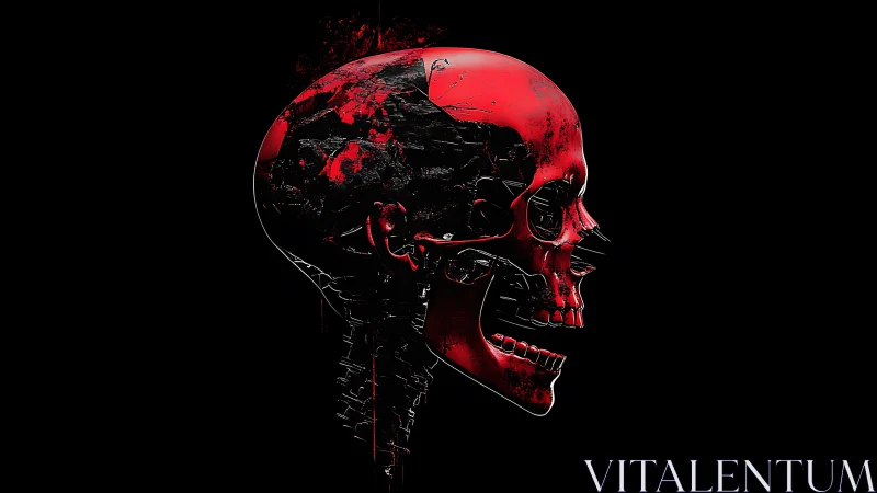 Red biomechanical skull profile with fractured metallic textures