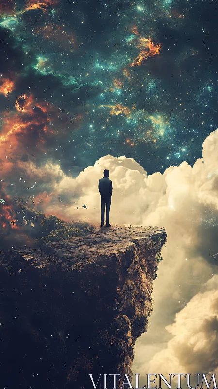 Solitary figure stands on cliff edge beneath dense starfield