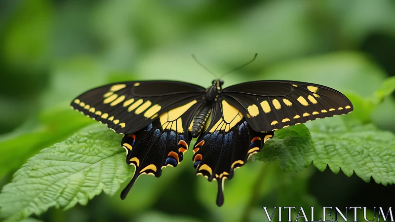 Black swallowtail butterfly resting on green foliage.