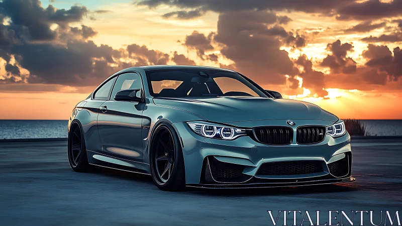 Aerodynamically tuned sports coupe at coastal sunset horizon.