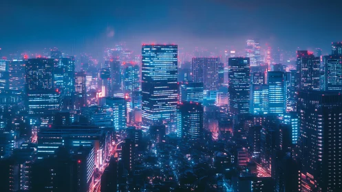 Neon washed city skyline glowing through a rainy blue night.