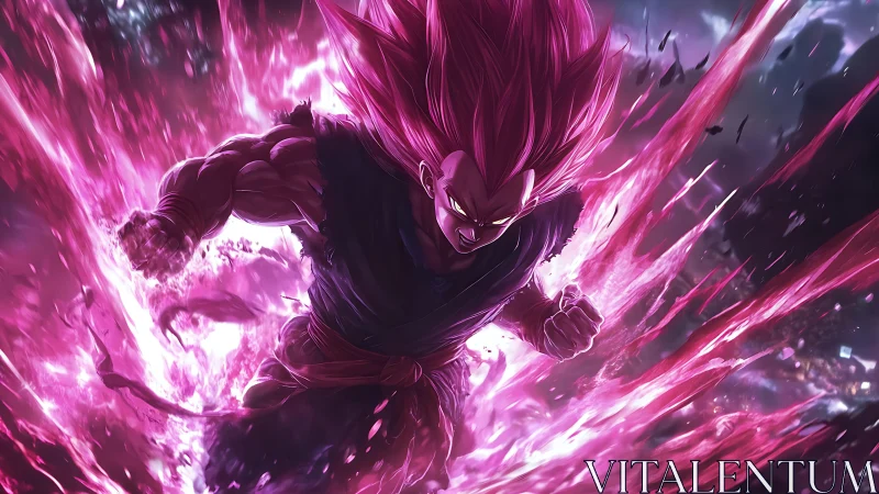 Pink energy warrior in forward motion amid dark environment.