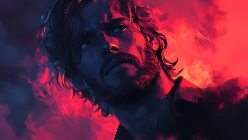 Brooding man in neon chiaroscuro amidst blazing crimson haze.