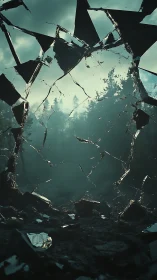 Shattered sky window opens on mist-soaked twilight forest.