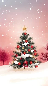 Snowy Christmas tree glowing against a rosy winter sky.
