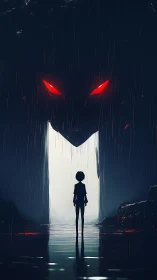 Lone child faces a towering shadow with fiery red eyes.