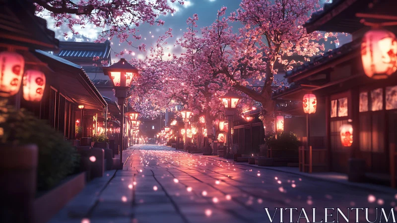 Cherry blossom street with lanterns at dusk in spring.