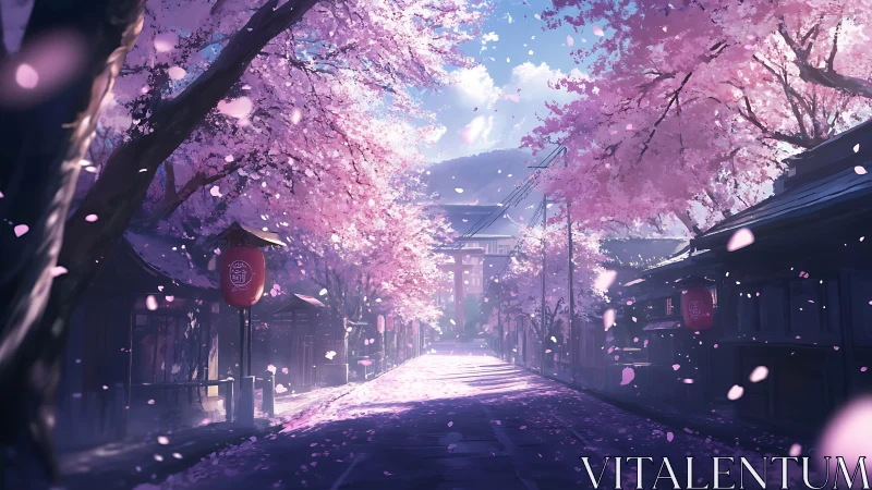 Gentle cherry blossoms guide a quiet street into soft light