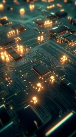 Glowing electronic circuit board with active microchips at work.