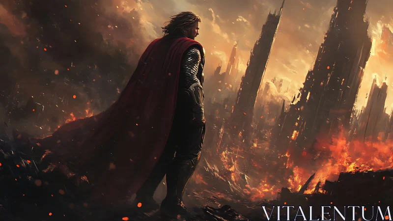 Armored warrior surveys burning post-apocalyptic cityscape in dusk light